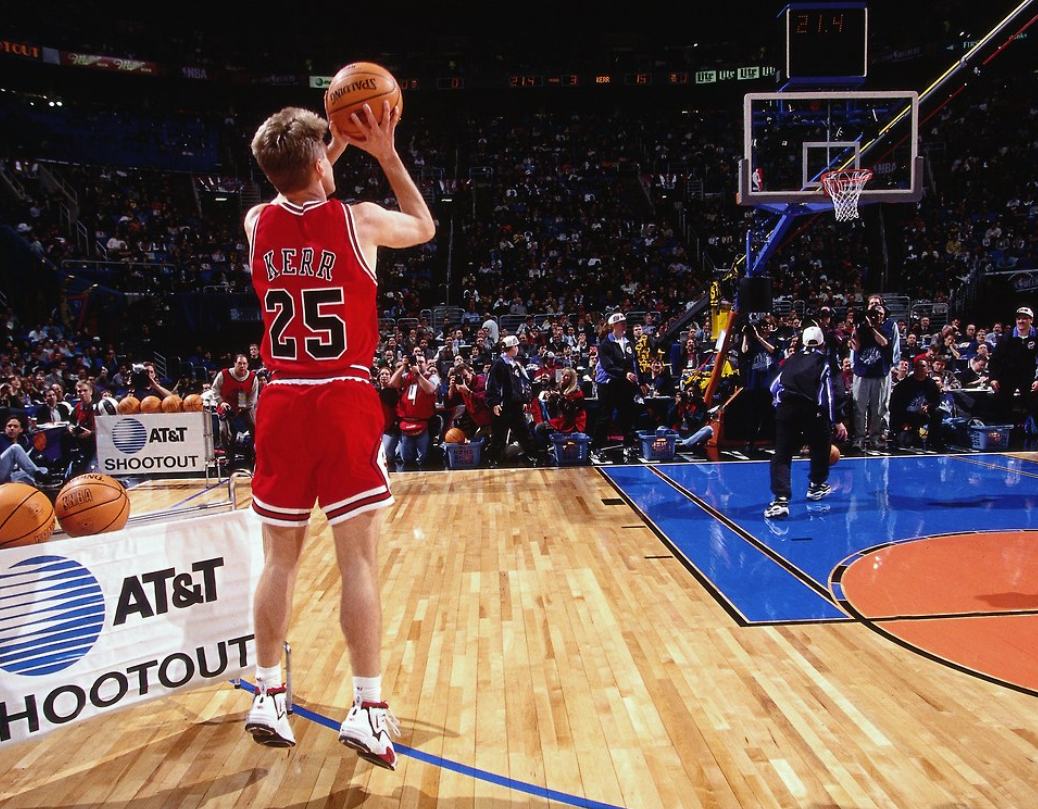 Steve Kerr shoots a three during NBA all star shootout
