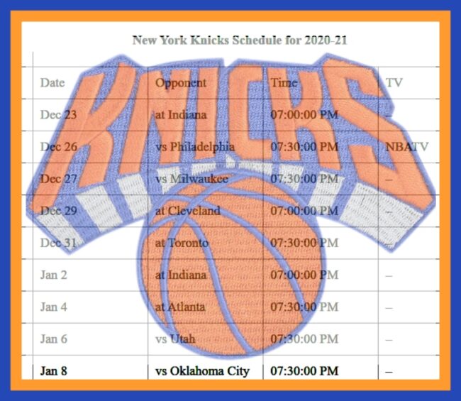 Printable New York Knicks schedule, free NYK TV schedule for 202021