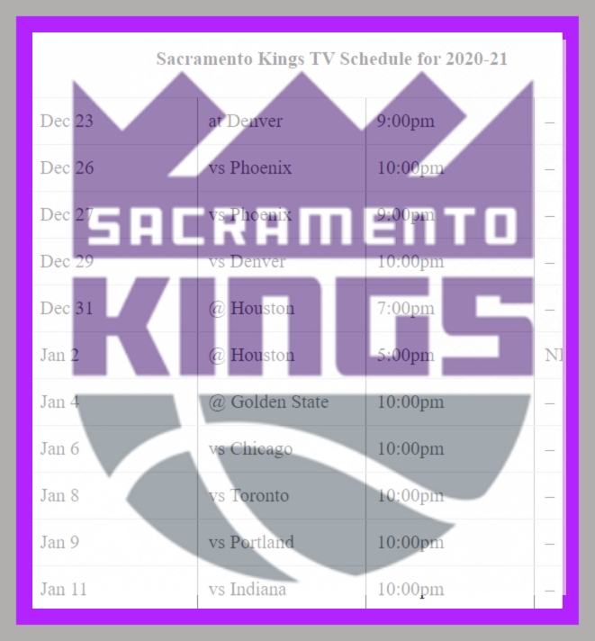 Printable Sacramento Kings schedule (and TV schedule) for 202021