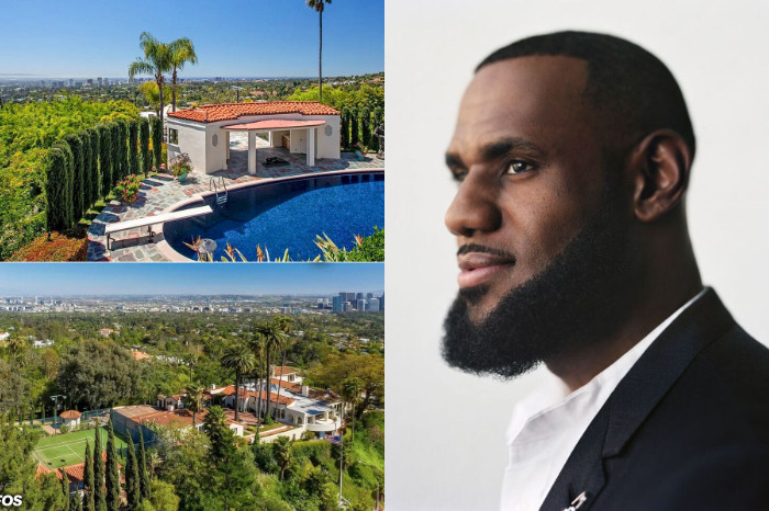 a collage of images featuring LeBron James' properties in California and a profile image of him