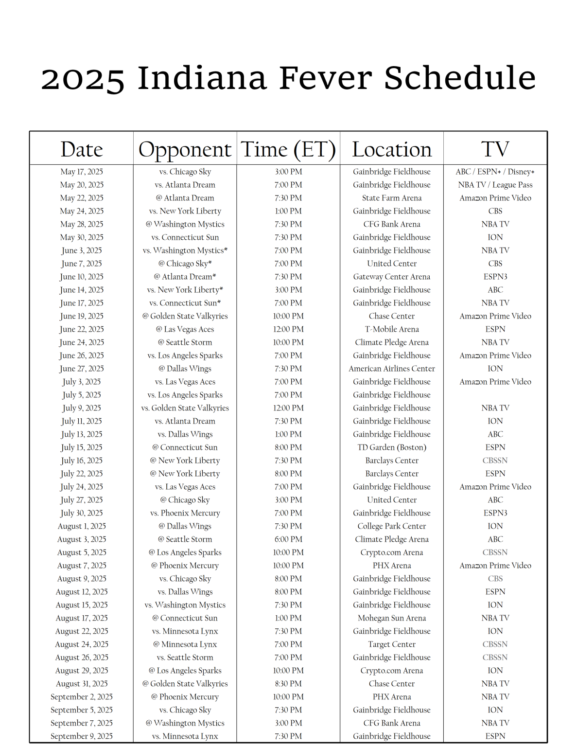 Download Printable Indiana Fever Schedule for 2025 WNBA Season ...