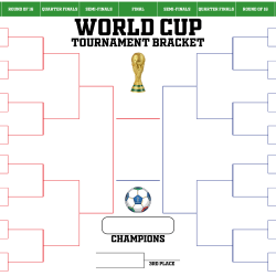 Colorful World Cup bracket with green headers and red and blue tournament paths.