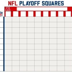Red and blue NFL Playoff Football Squares printable template featuring AFC and NFC logos with a 10x10 grid for game scores.