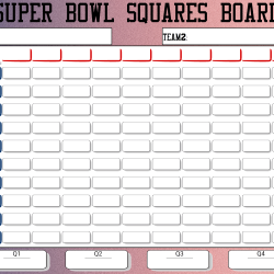Vibrant gradient Super Bowl squares board featuring dedicated boxes to track scores for each quarter.