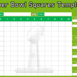 High-quality Super Bowl squares template featuring a payout tracker, quarterly winner sections, and a green trophy design.