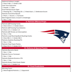 New England Patriots prop bets sheet for Super Bowl LX, including kickoff, offense, defense, and final prediction sections.