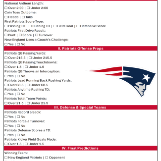Printable New England Patriots Prop Bets Sheet for Super Bowl LX