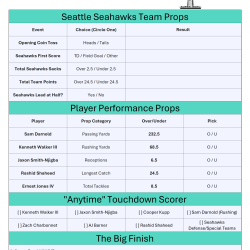 A streamlined one-page Seattle Seahawks prop bets template for Super Bowl LX. It uses a "Circle One" format for team props and tracks player metrics like Rashid Shaheed’s longest catch and Jaxon Smith-Njigba’s total receptions.