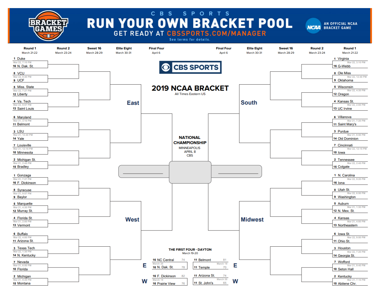 15 March Madness Brackets Designs to Print for NCAA Tournament 2019