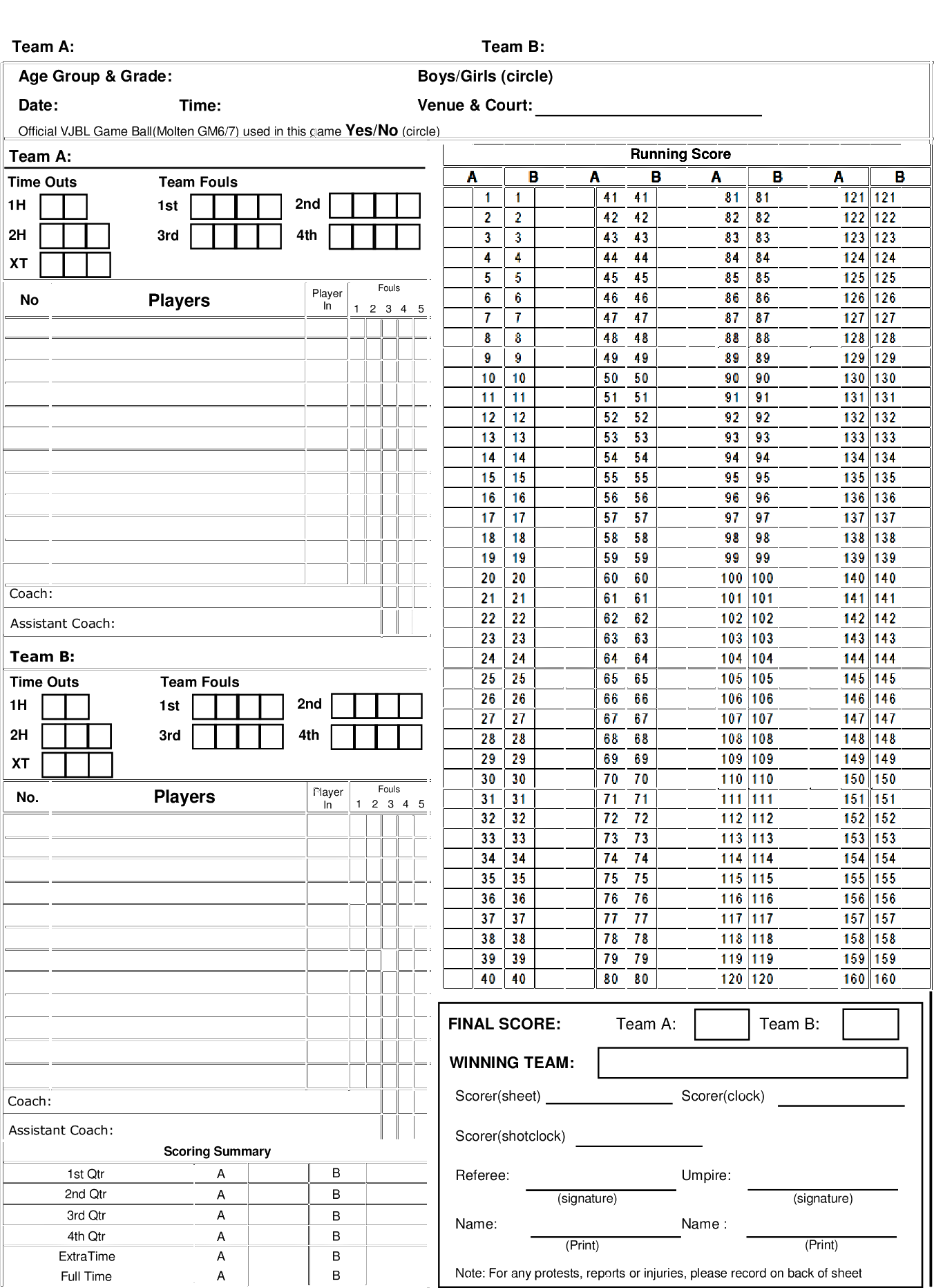 Printable basketball score sheets.